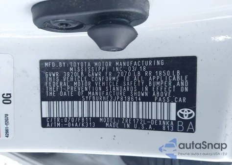 2018 Toyota Corolla Le from USA, damaged, VIN 5YFBURHE2JP818614